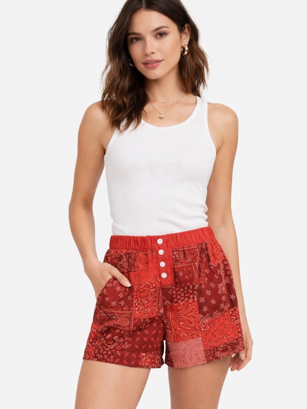 Zoe + Liv Juniors Patchwork High Waist Shorts Red XS - Picture 2 of 9